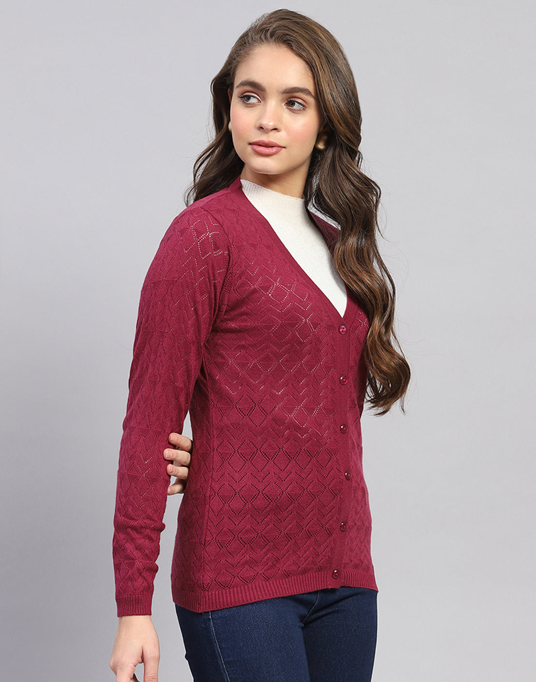 Women Maroon Self Design V Neck Full Sleeve Cardigan