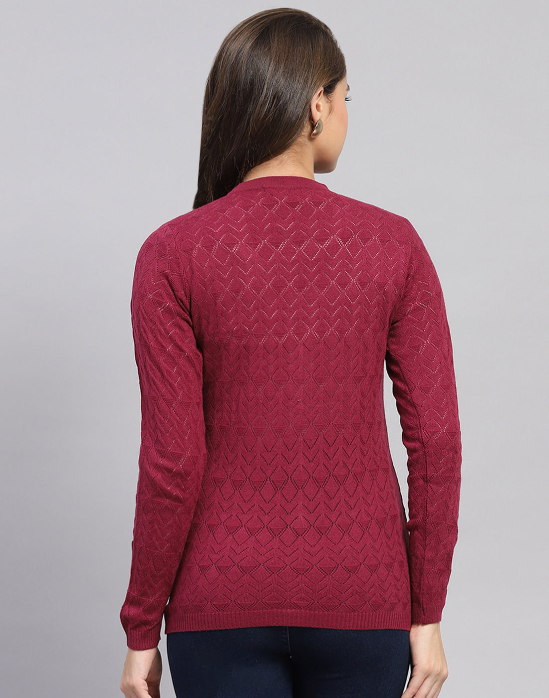 Women Maroon Self Design V Neck Full Sleeve Cardigan