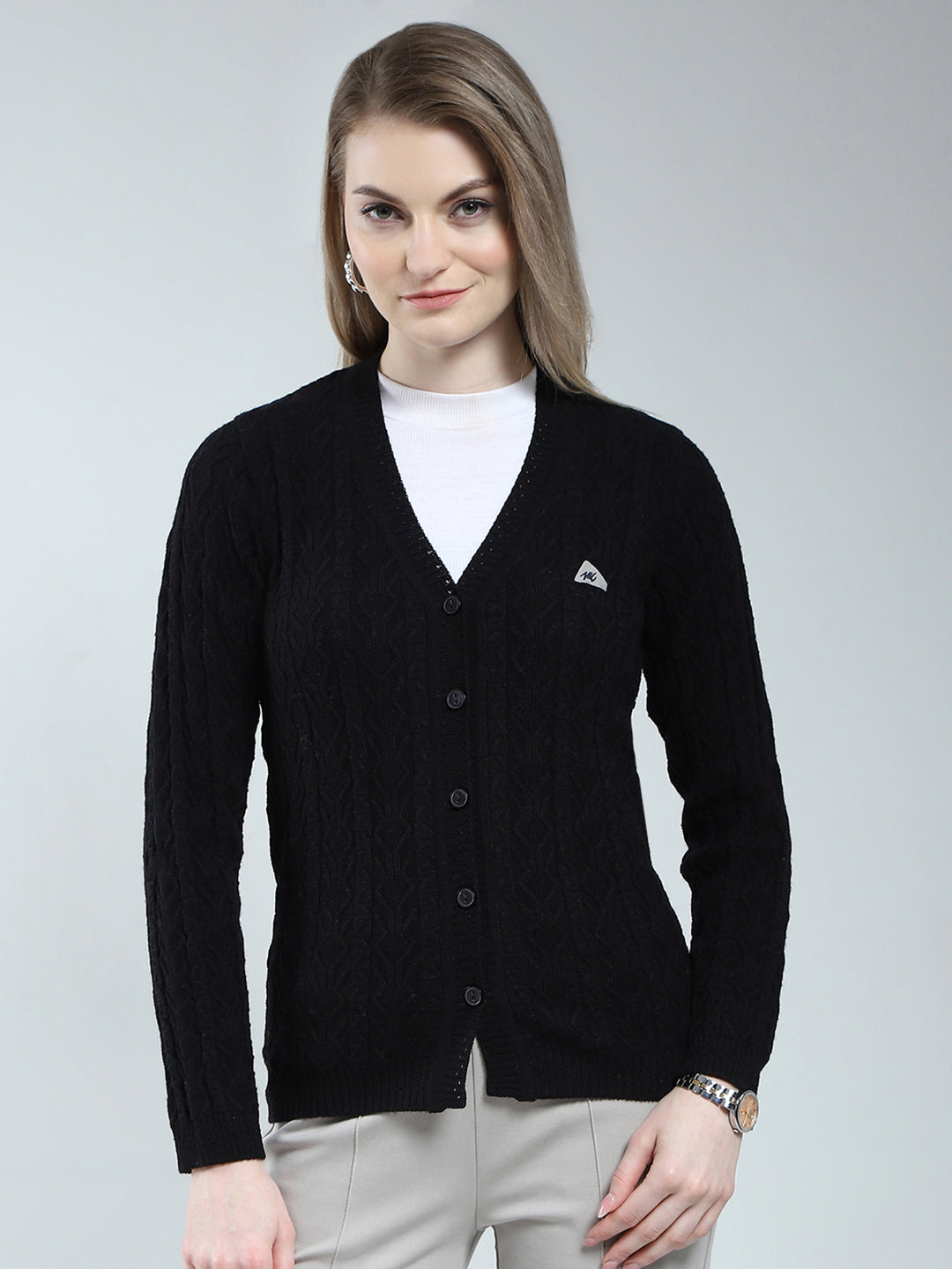 Women Black Self Design V Neck Full Sleeve Cardigan