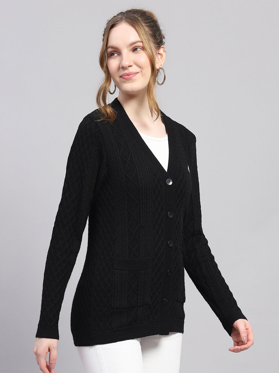 Women Black Self Design V Neck Full Sleeve Cardigan