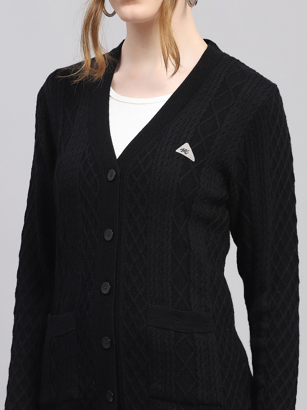 Women Black Self Design V Neck Full Sleeve Cardigan
