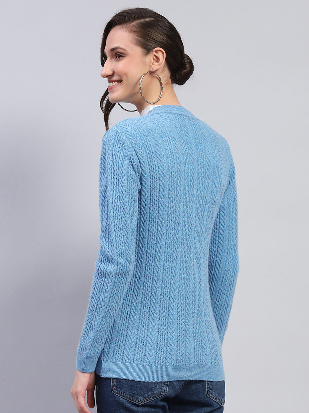 Women Blue Self Design V Neck Full Sleeve Cardigan