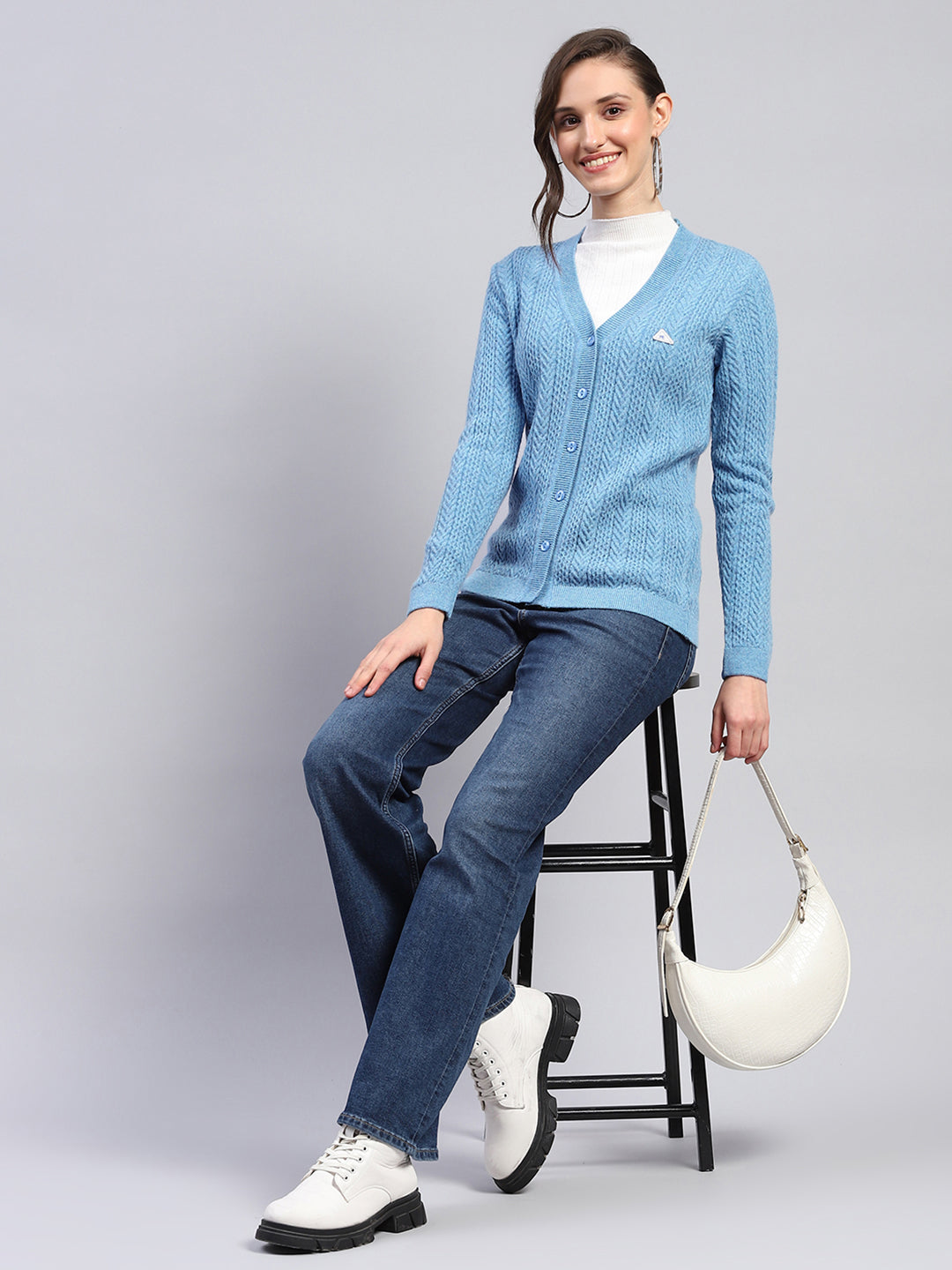 Women Blue Self Design V Neck Full Sleeve Cardigan