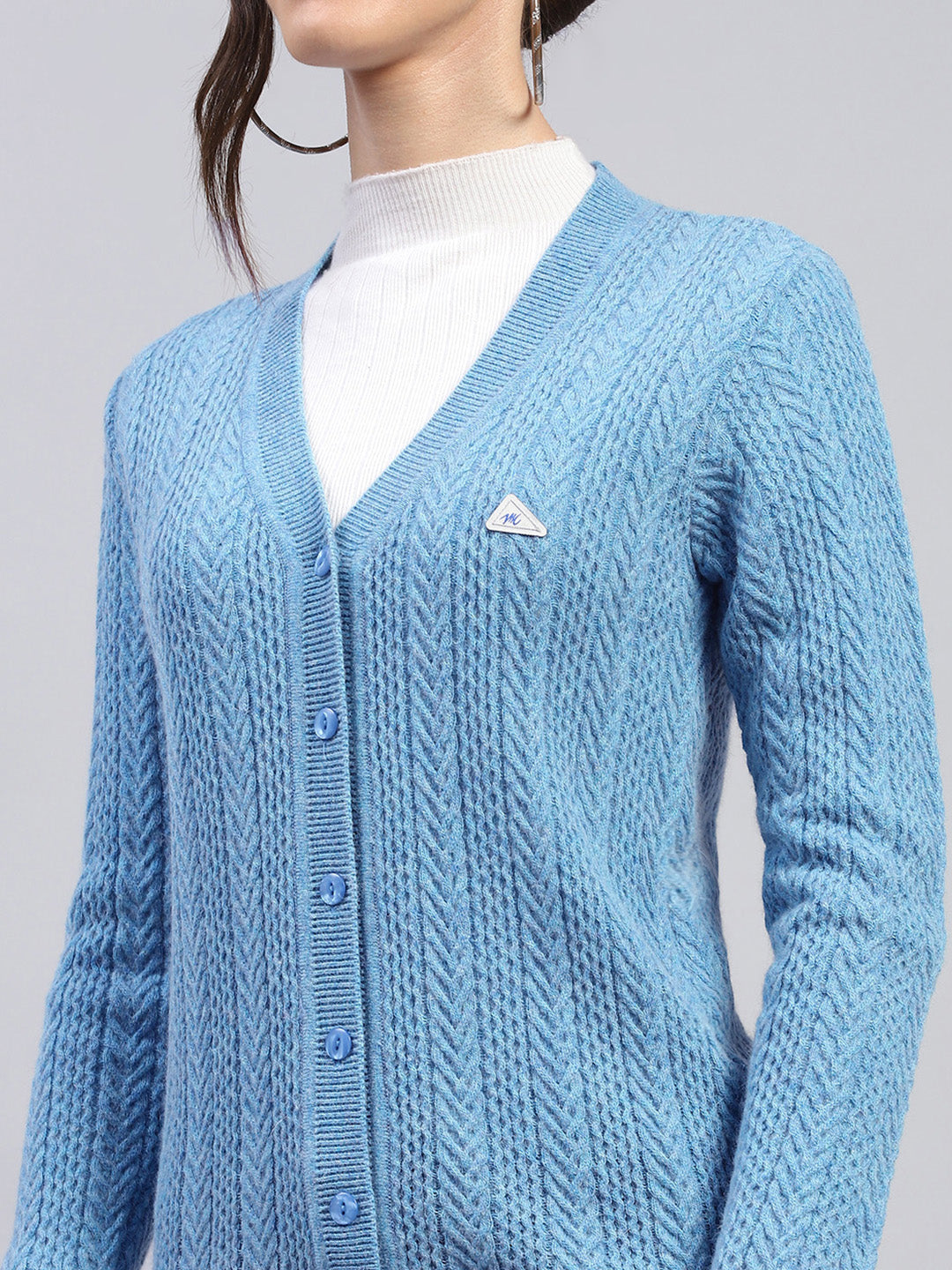 Women Blue Self Design V Neck Full Sleeve Cardigan