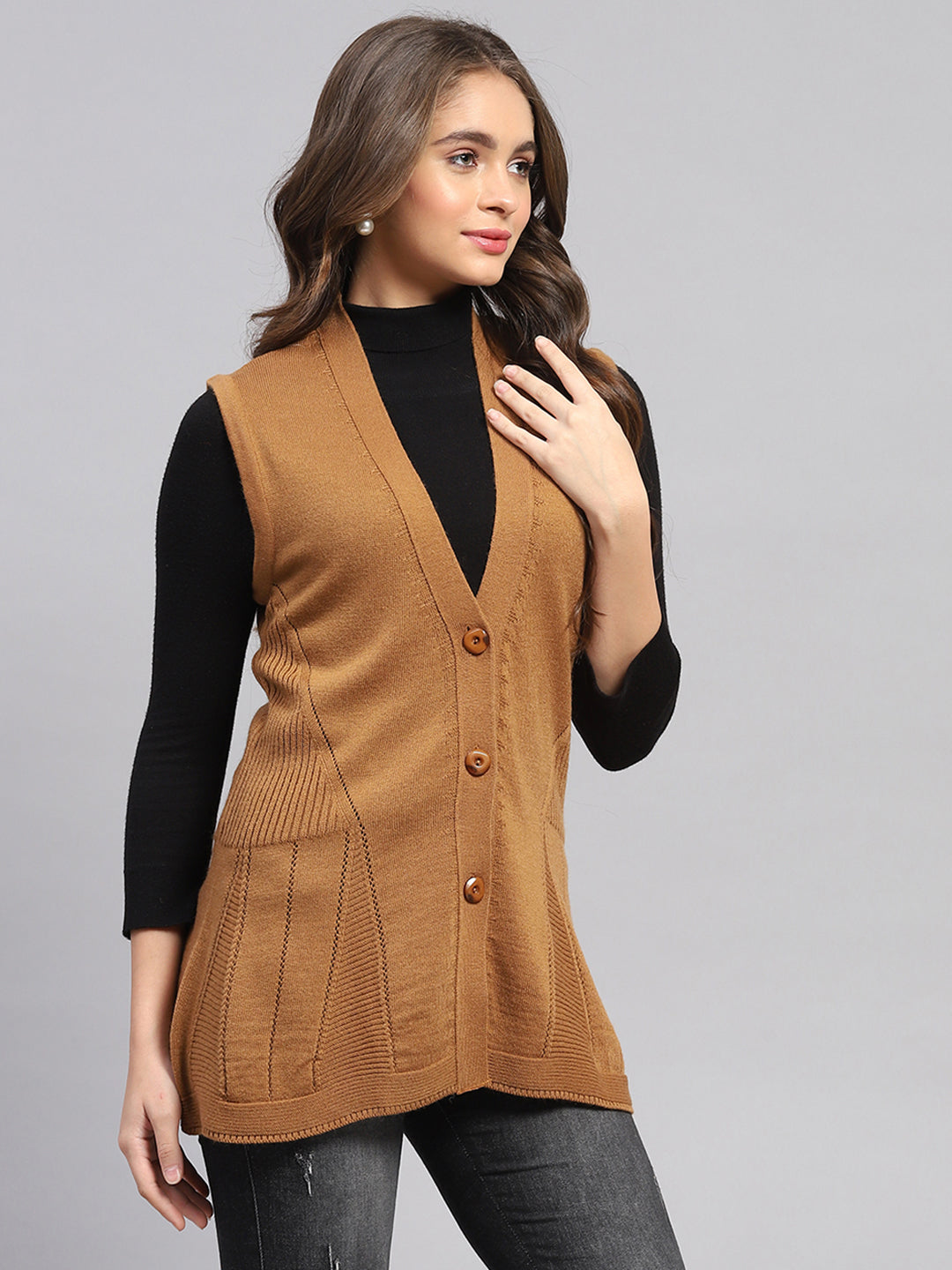 Women Mustard Self Design V Neck Full Sleeve Cardigan