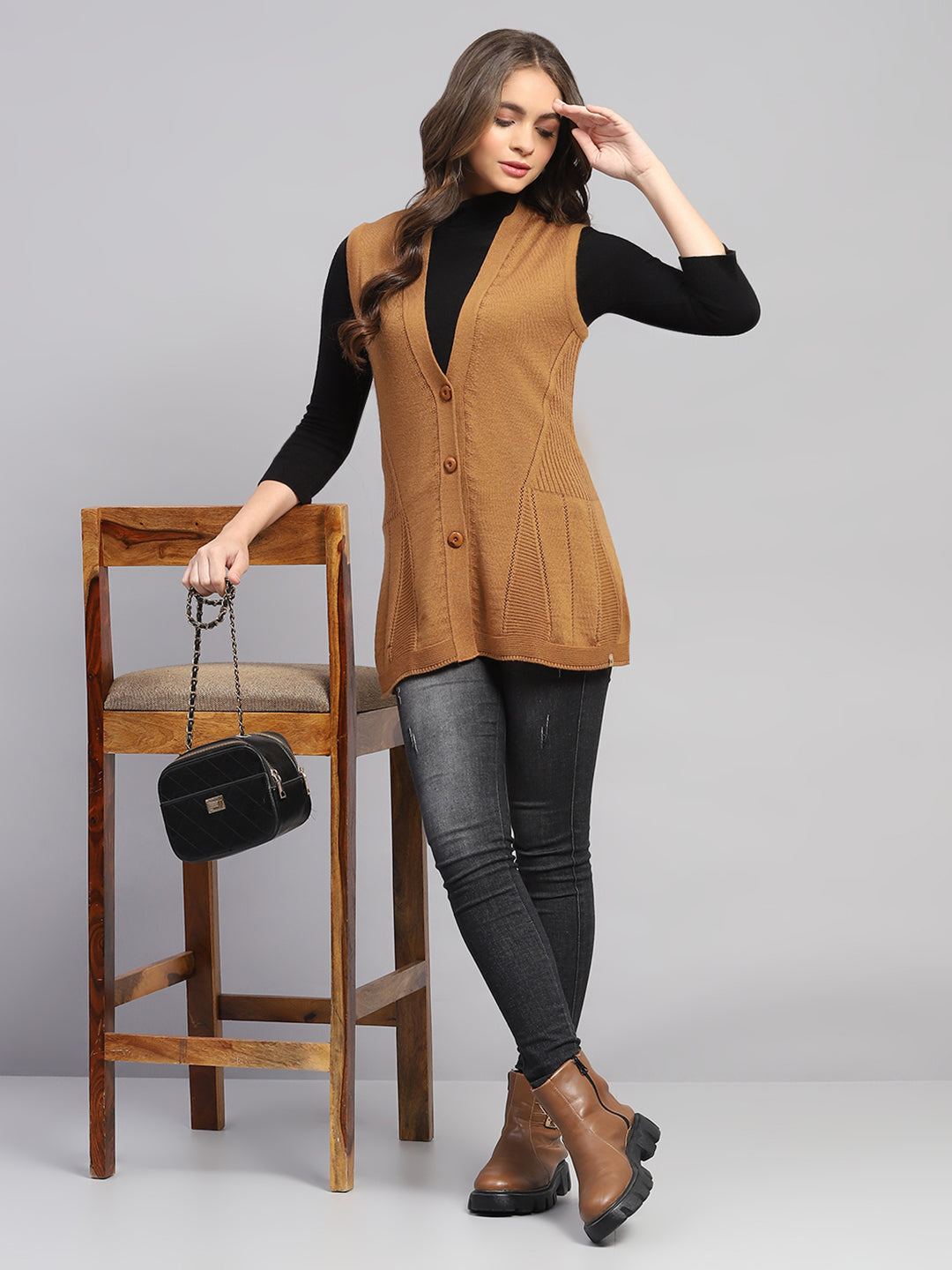 Women Mustard Self Design V Neck Full Sleeve Cardigan