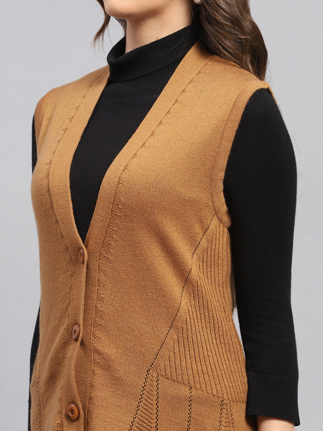 Women Mustard Self Design V Neck Full Sleeve Cardigan