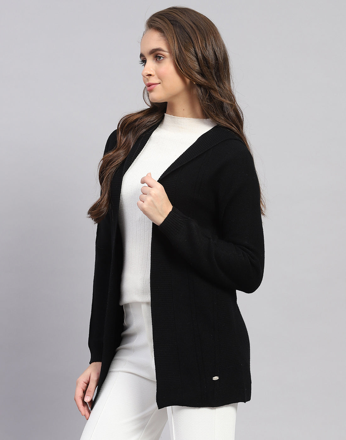 Women Black Self Design Front Open Full Sleeve Cardigan