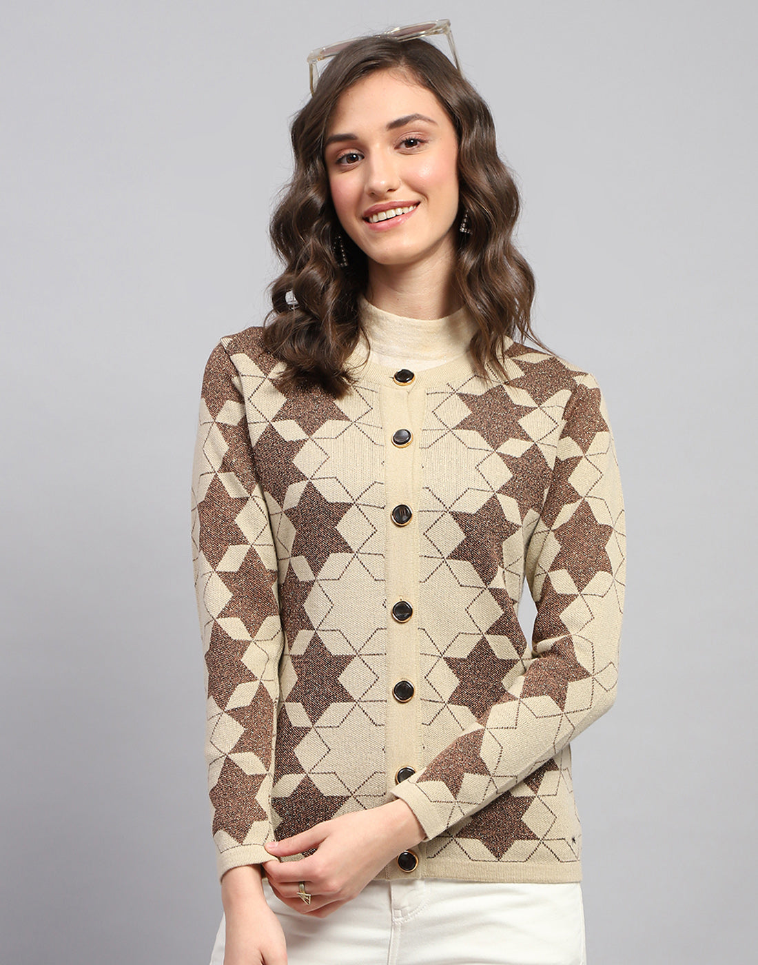 Women Brown Self Design Round Neck Full Sleeve Cardigan