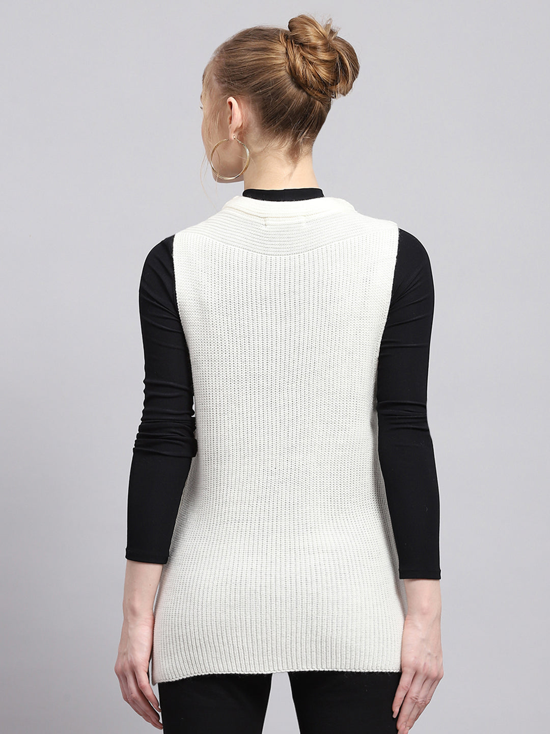 Women Off White Self Design Round Neck Sleeveless Winter Tops