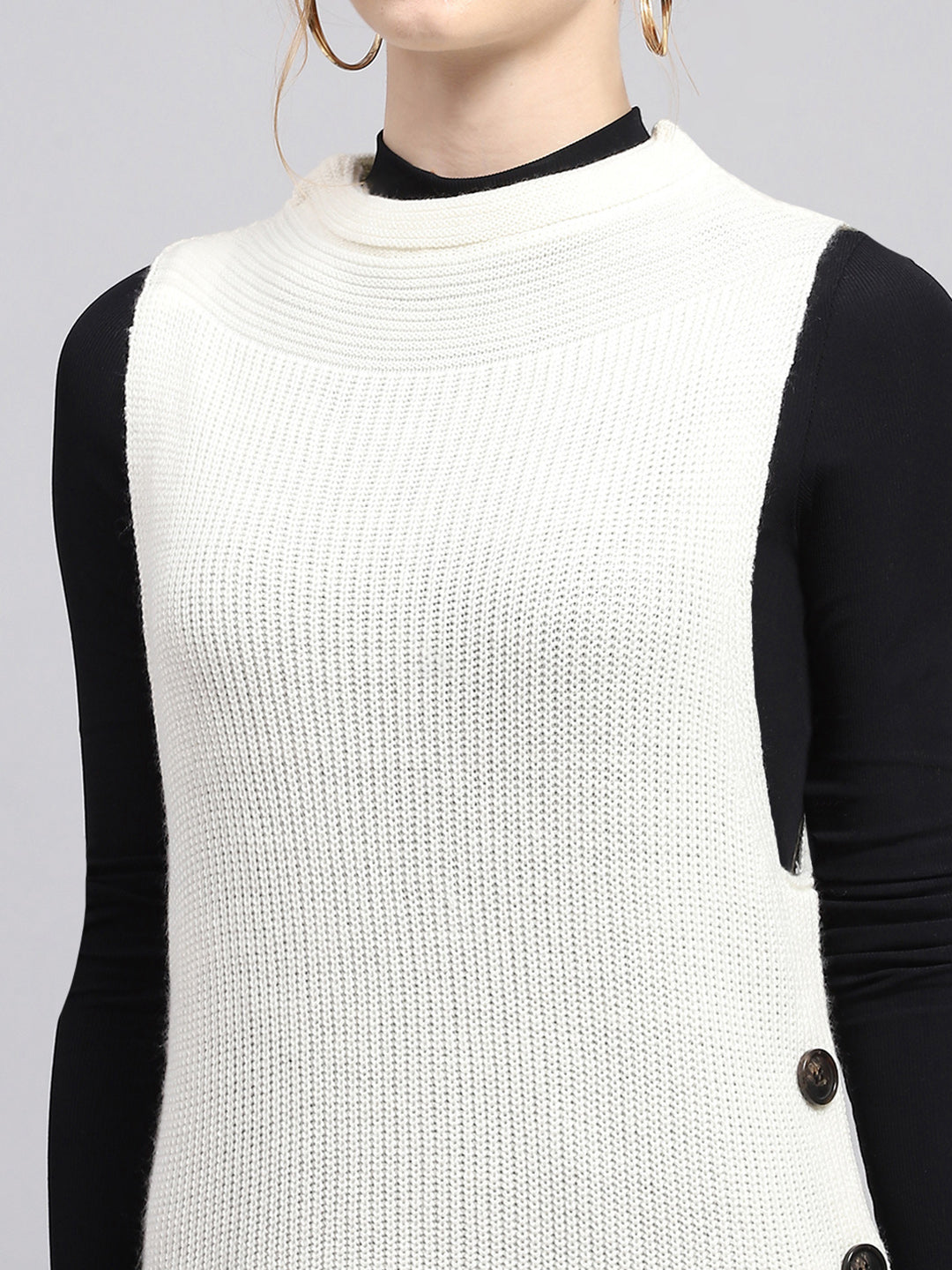 Women Off White Self Design Round Neck Sleeveless Winter Tops
