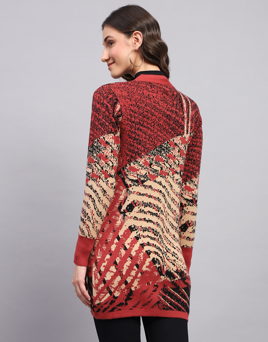 Women Red Self Design V Neck Full Sleeve Cardigan