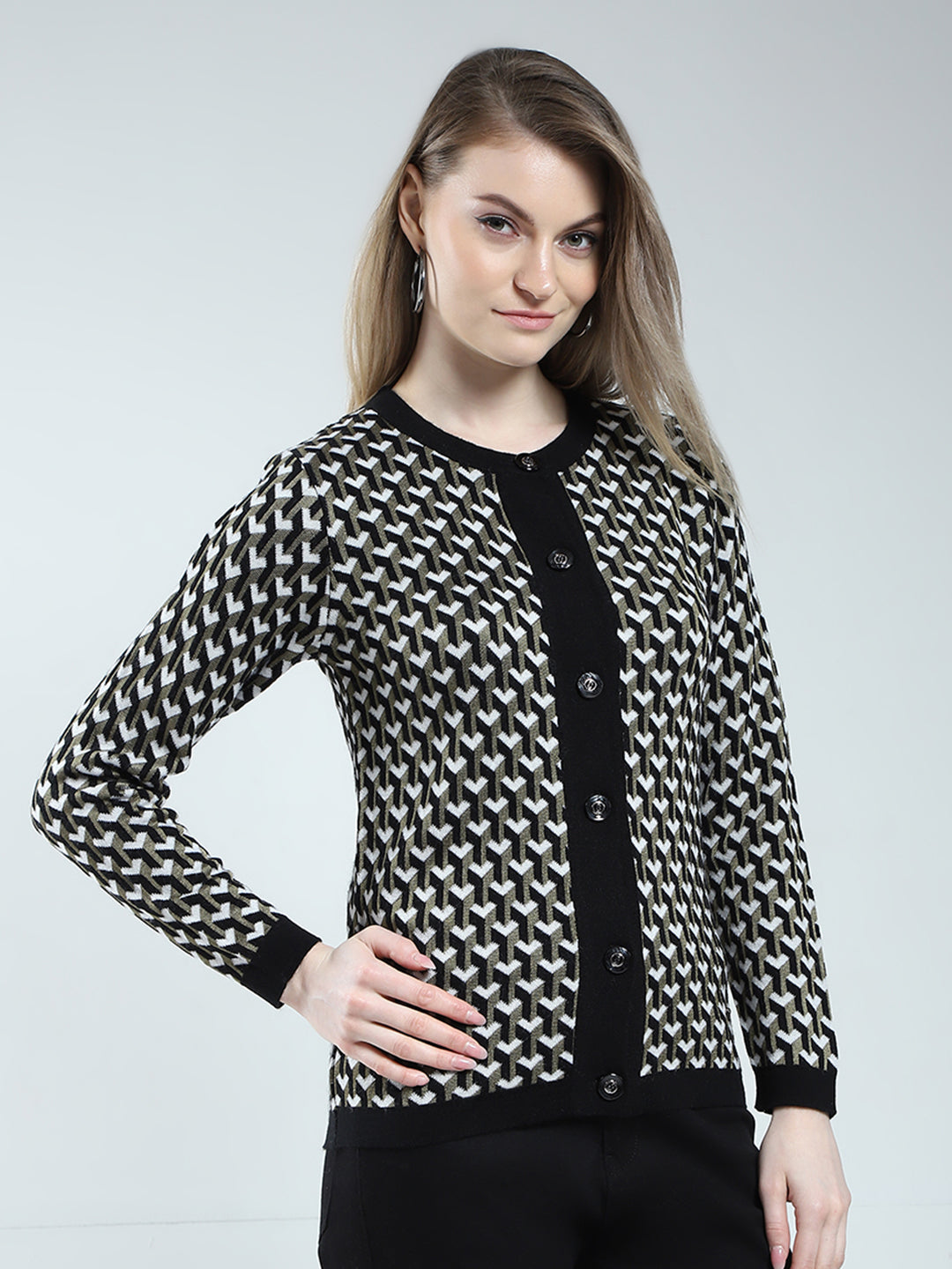 Women Black Self Design Round Neck Full Sleeve Cardigan