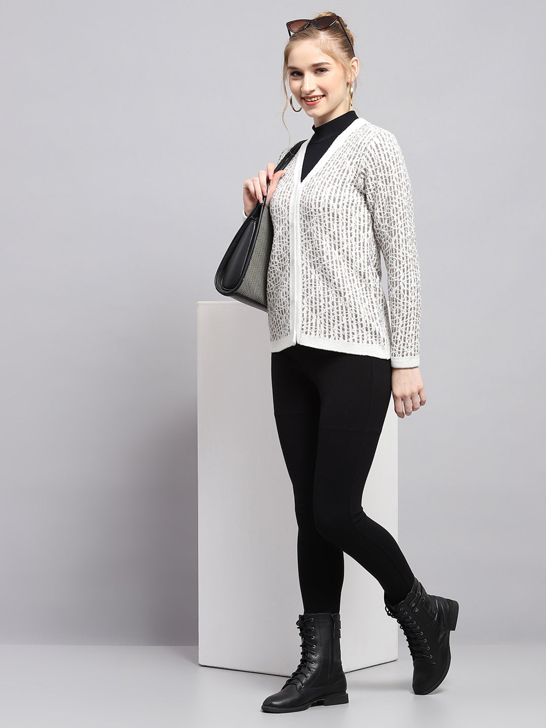 Women White Self Design V Neck Sleeveless Cardigan