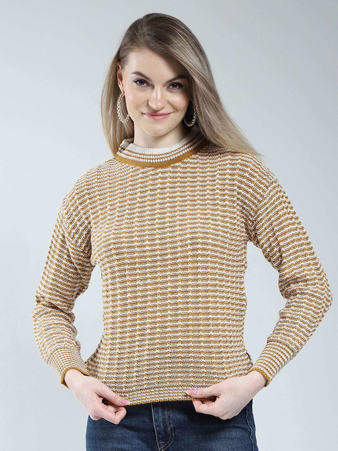 Women Mustard Self Design Round Neck Full Sleeve Winter Top