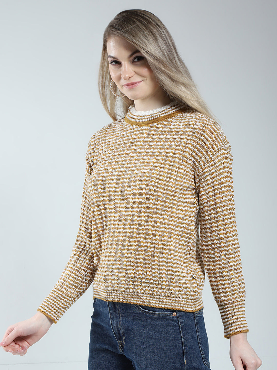 Women Mustard Self Design Round Neck Full Sleeve Winter Top