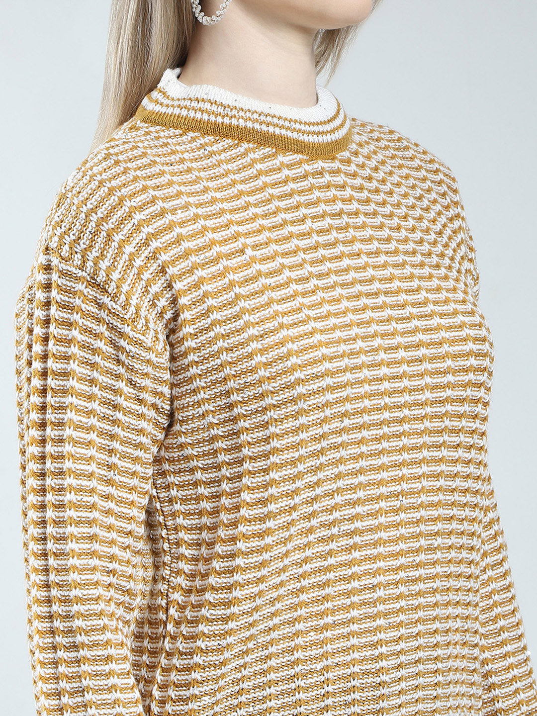 Women Mustard Self Design Round Neck Full Sleeve Winter Top