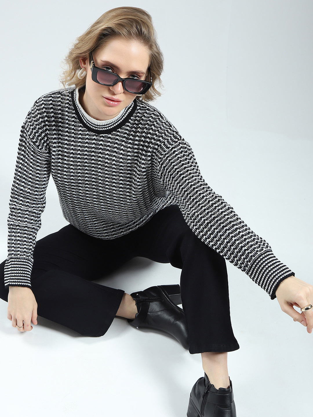 Women Black Self Design Round Neck Full Sleeve Winter Top