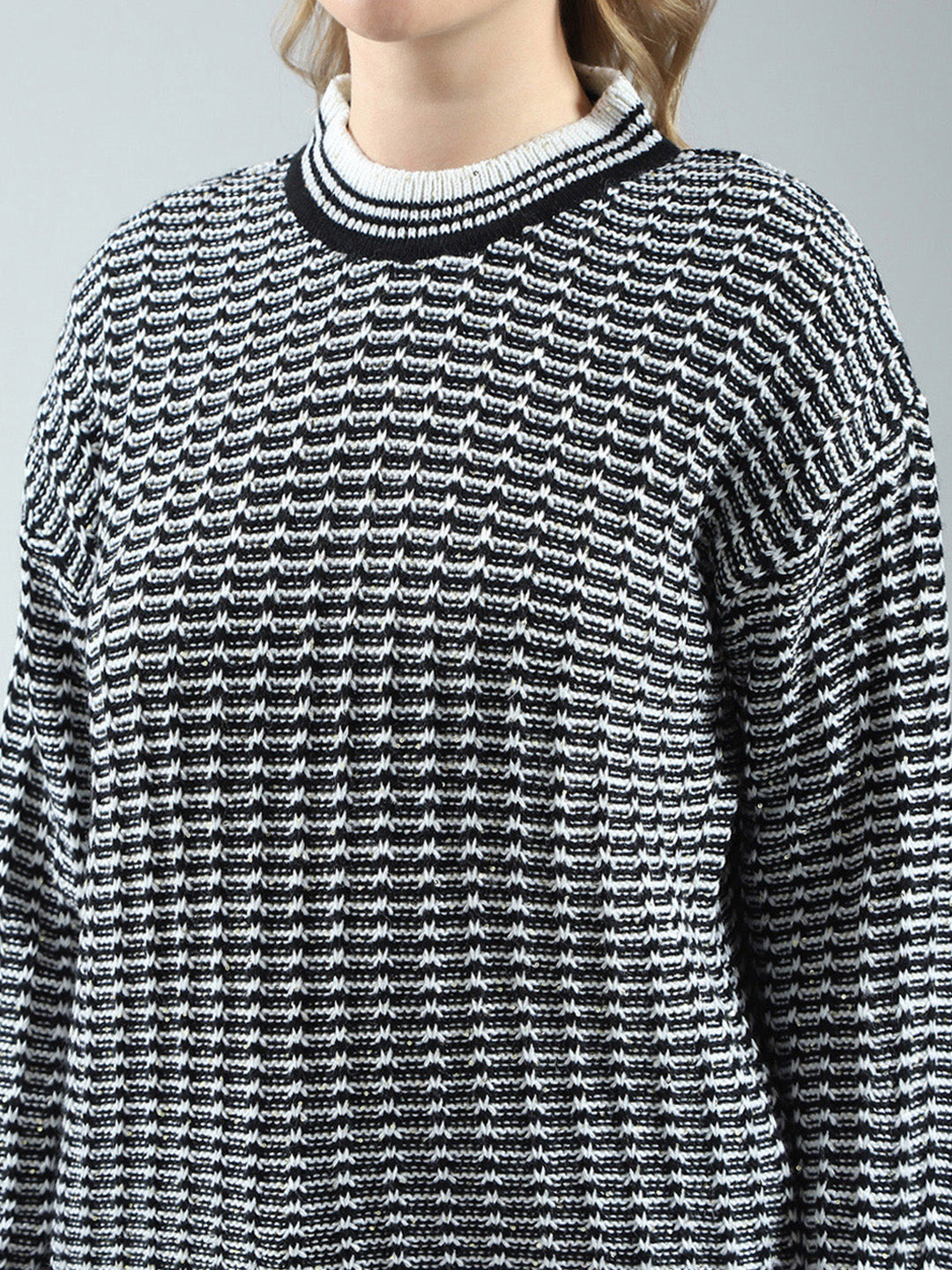 Women Black Self Design Round Neck Full Sleeve Winter Top