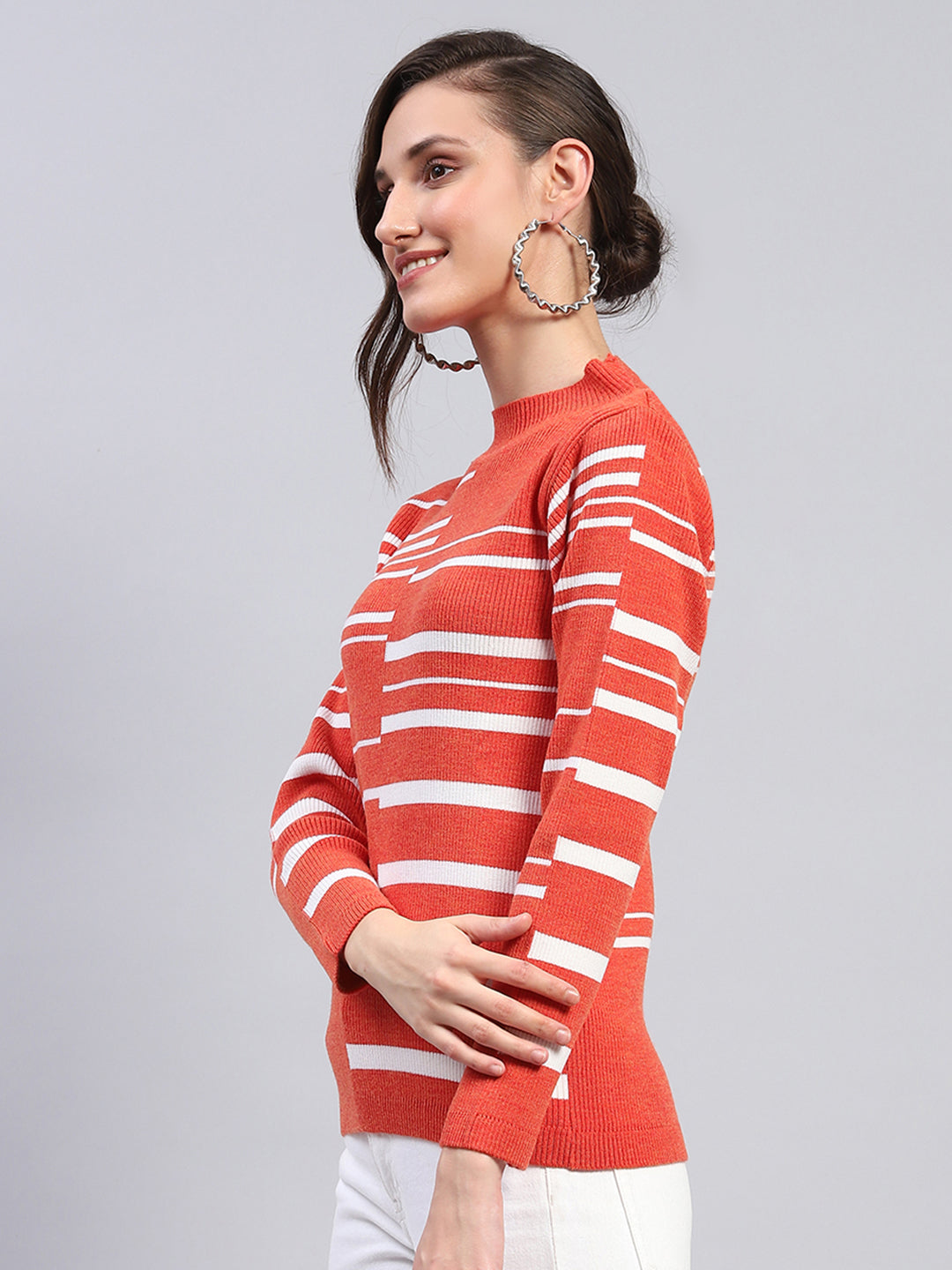 Women Orange Self Design Band Collar Full Sleeve Winter Tops