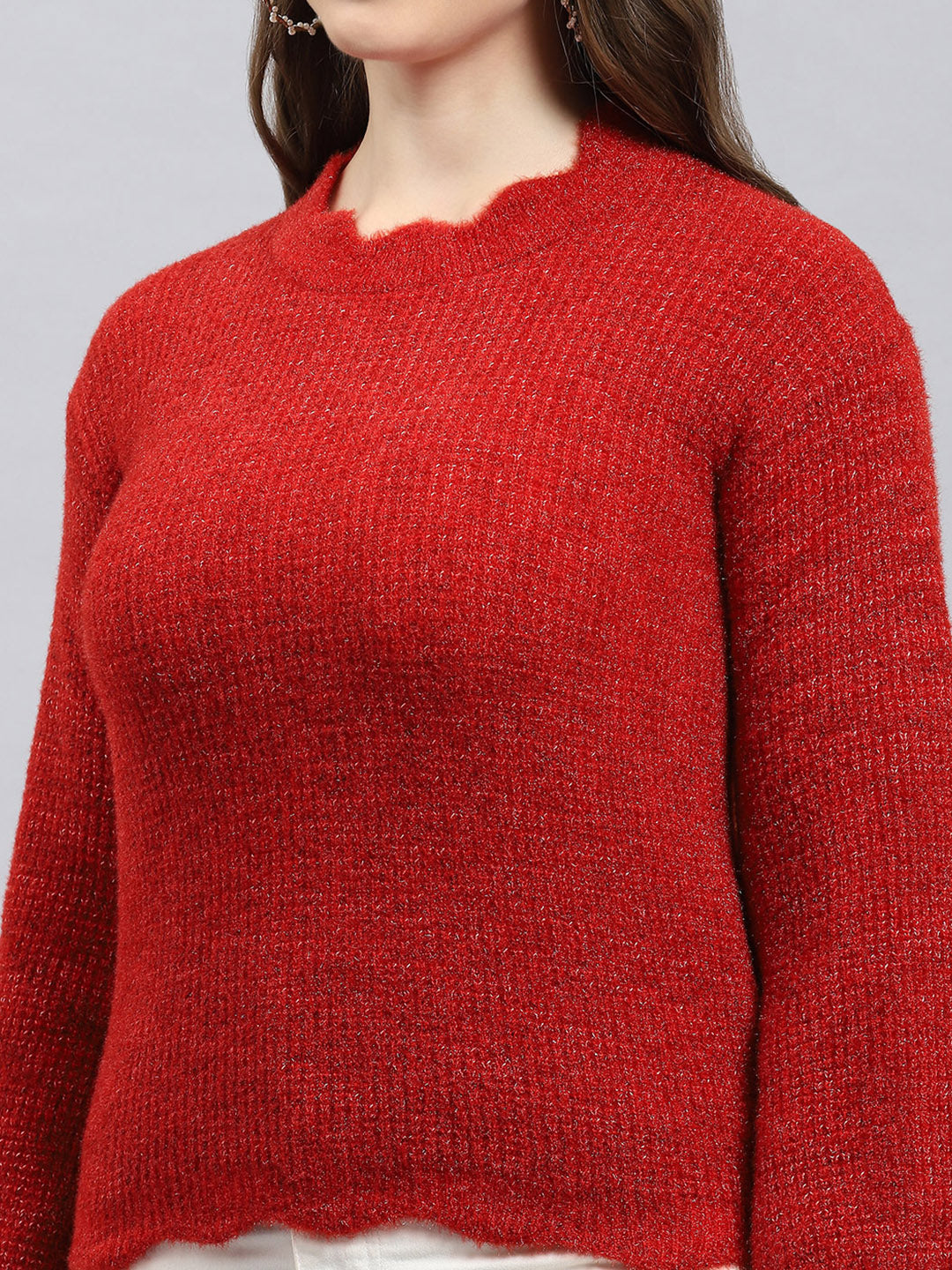 Women Red Self Design Round Neck Full Sleeve Winter Tops