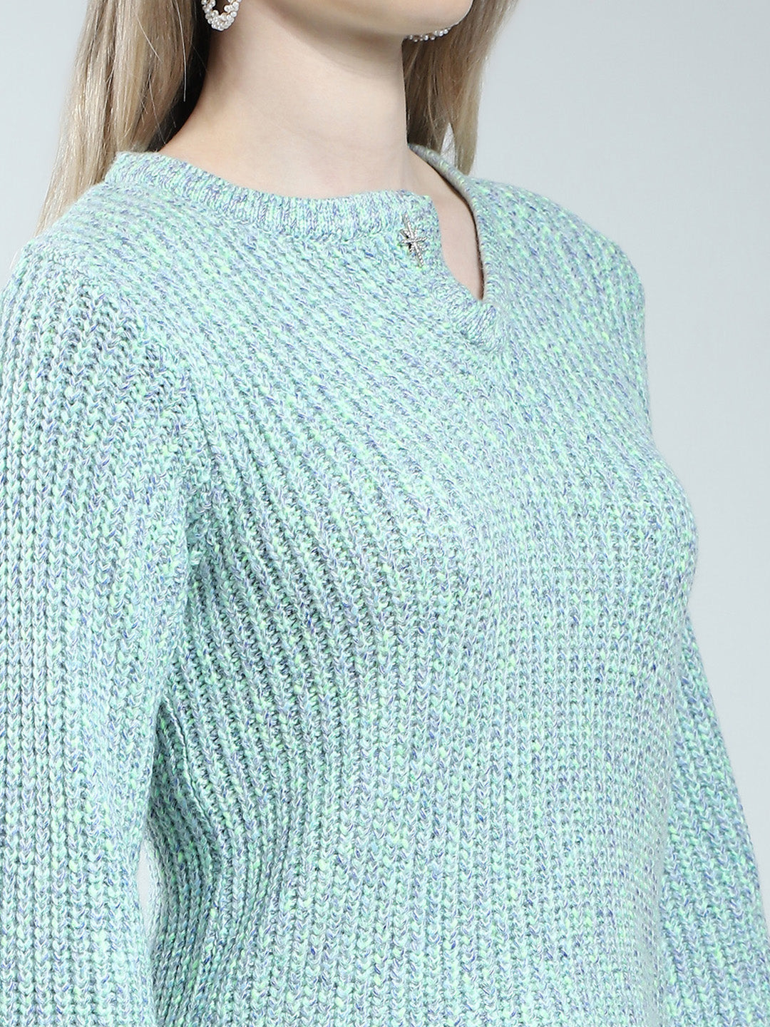 Women Blue Self Design Round Neck Full Sleeve Winter Top