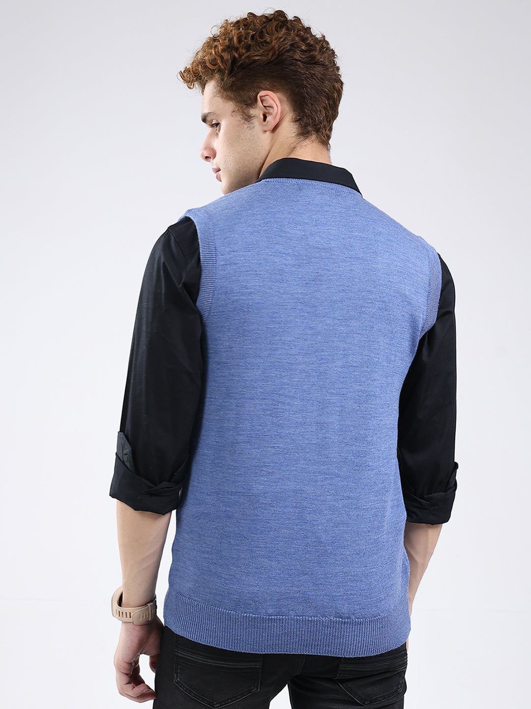 Men Blue Solid V Neck Sleeveless Sweater