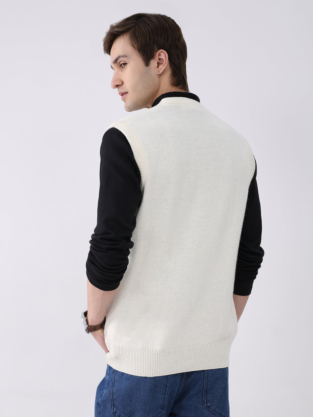 Men White Solid V Neck Sleeveless Sweater