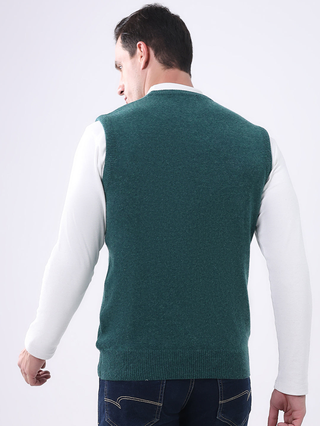 Men Green Solid V Neck Sleeveless Sweater