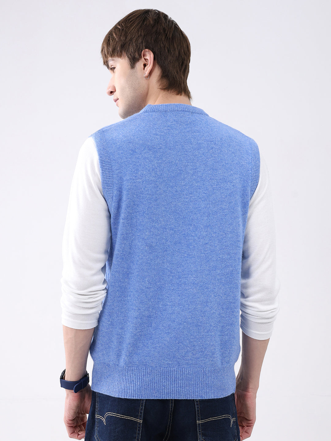 Men Blue Solid V Neck Sleeveless Sweater