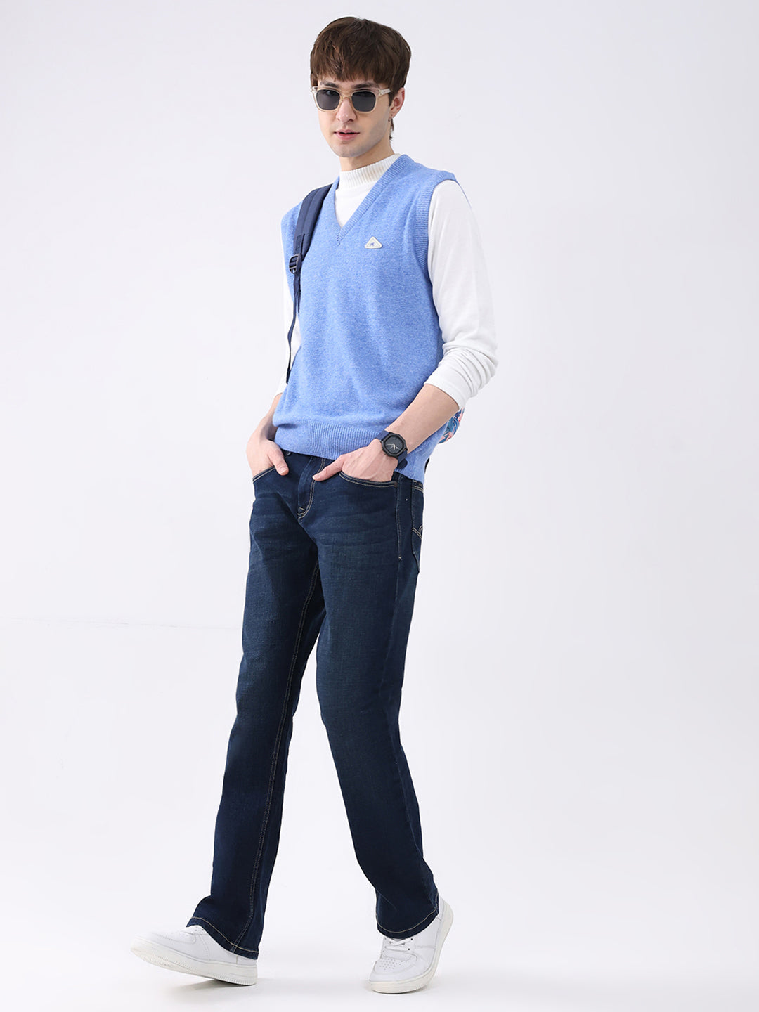 Men Blue Solid V Neck Sleeveless Sweater