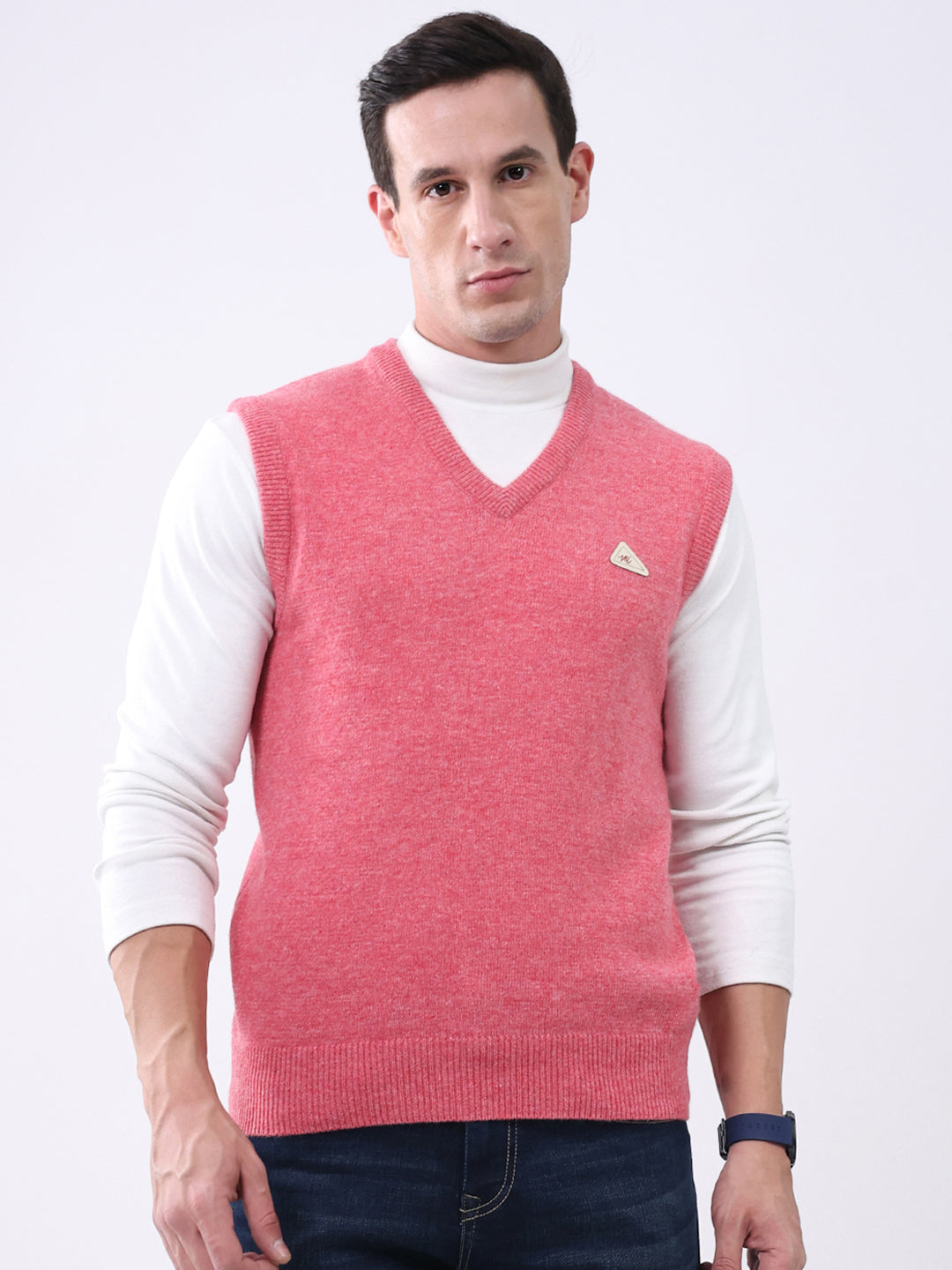 Men Pink Solid V Neck Sleeveless Sweater