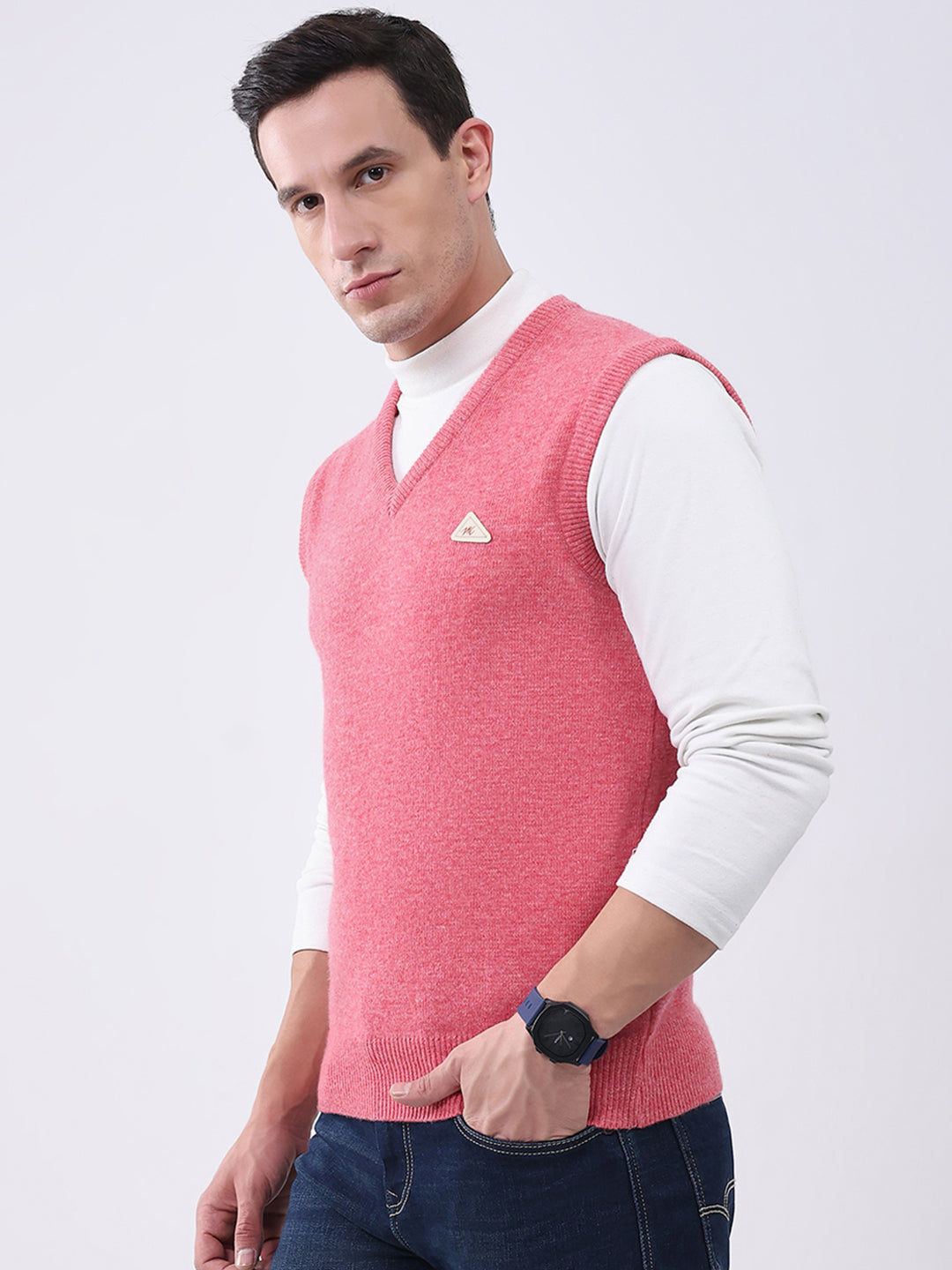 Men Pink Solid V Neck Sleeveless Sweater