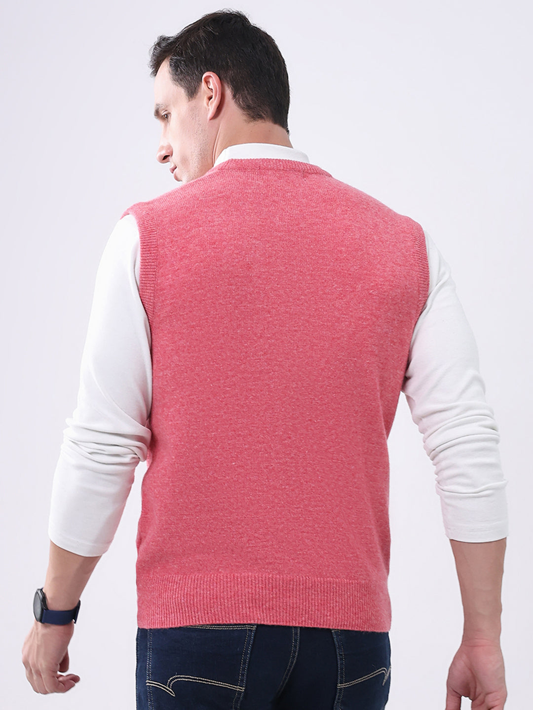 Men Pink Solid V Neck Sleeveless Sweater