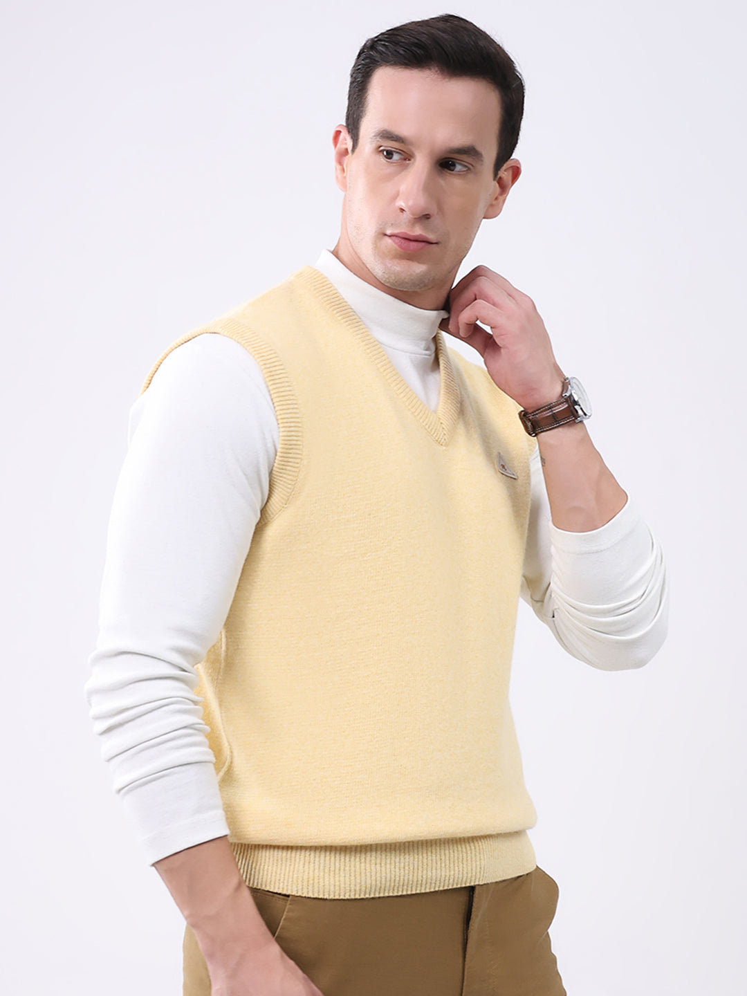 Men Yellow Solid V Neck Sleeveless Sweater