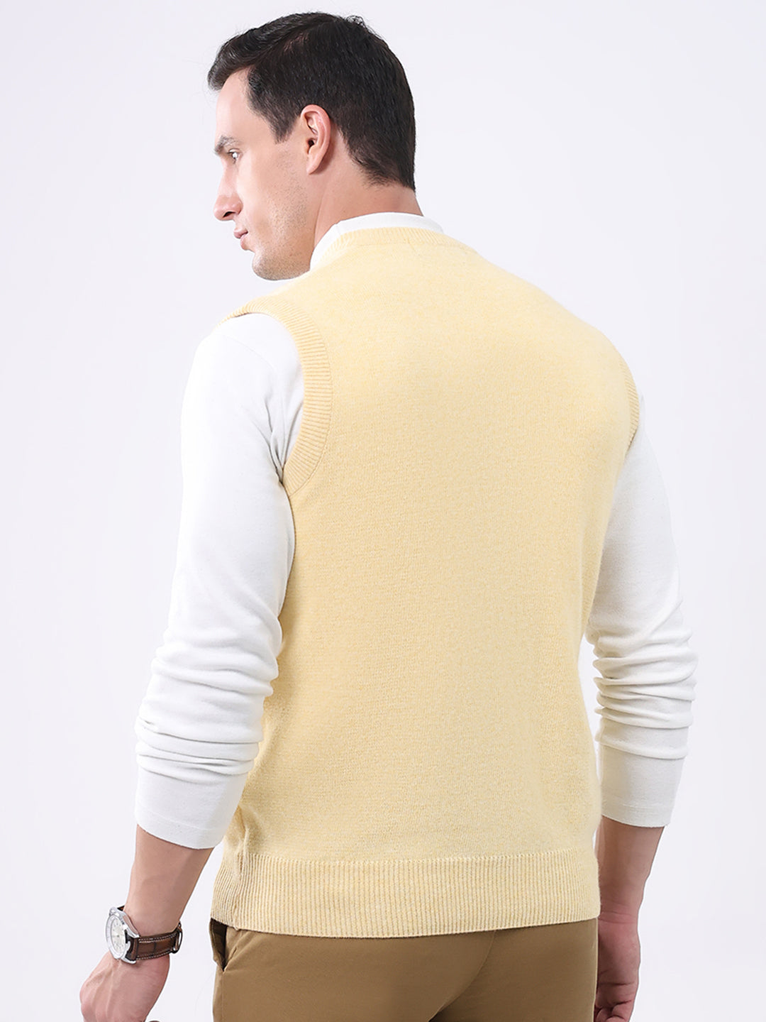 Men Yellow Solid V Neck Sleeveless Sweater