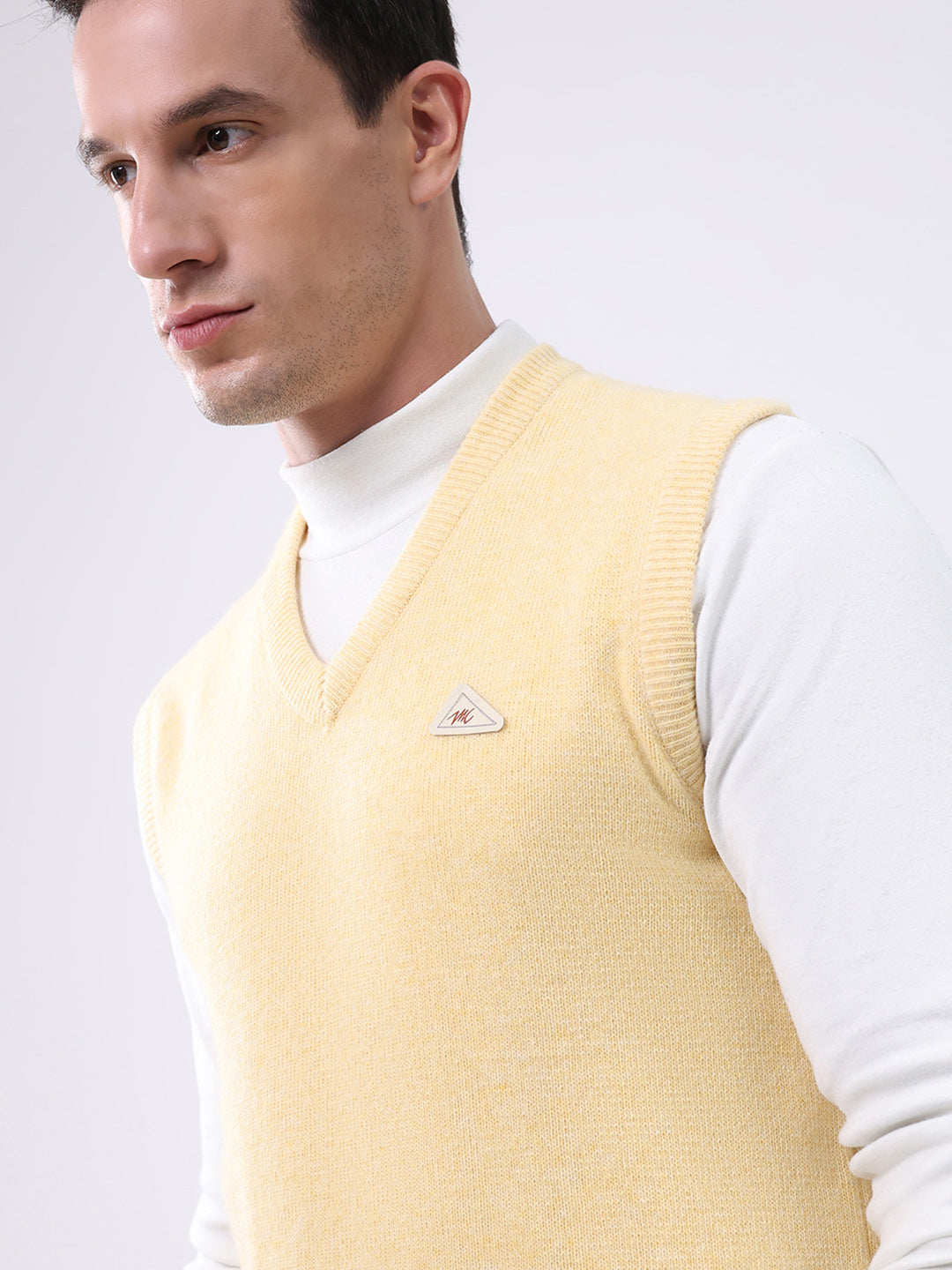 Men Yellow Solid V Neck Sleeveless Sweater