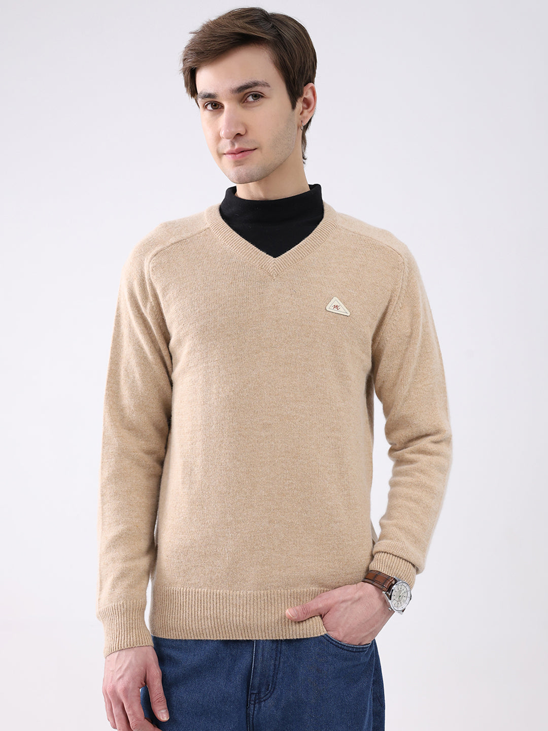 Men Khaki Solid V Neck Full Sleeve Pullover