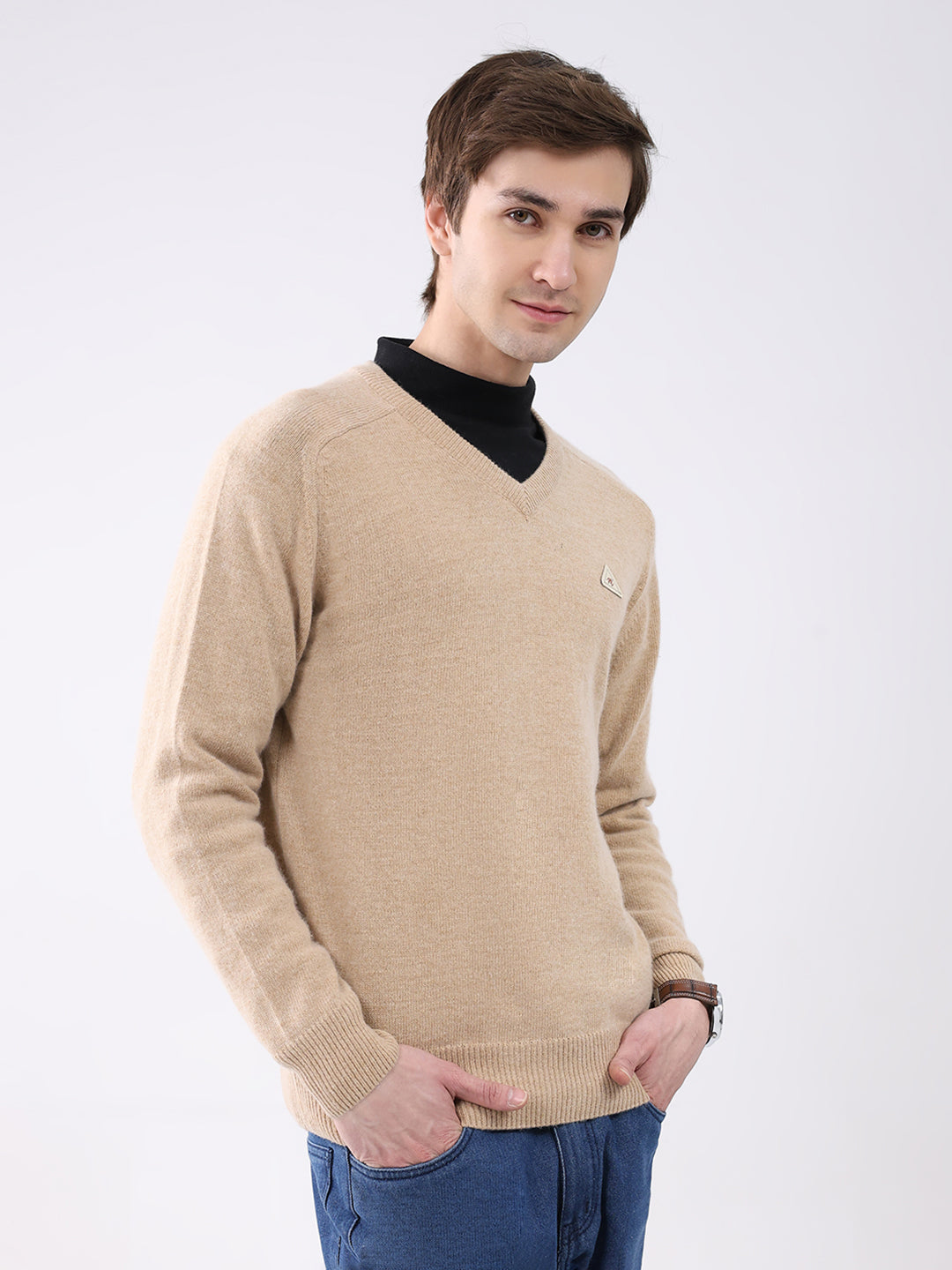 Men Khaki Solid V Neck Full Sleeve Pullover