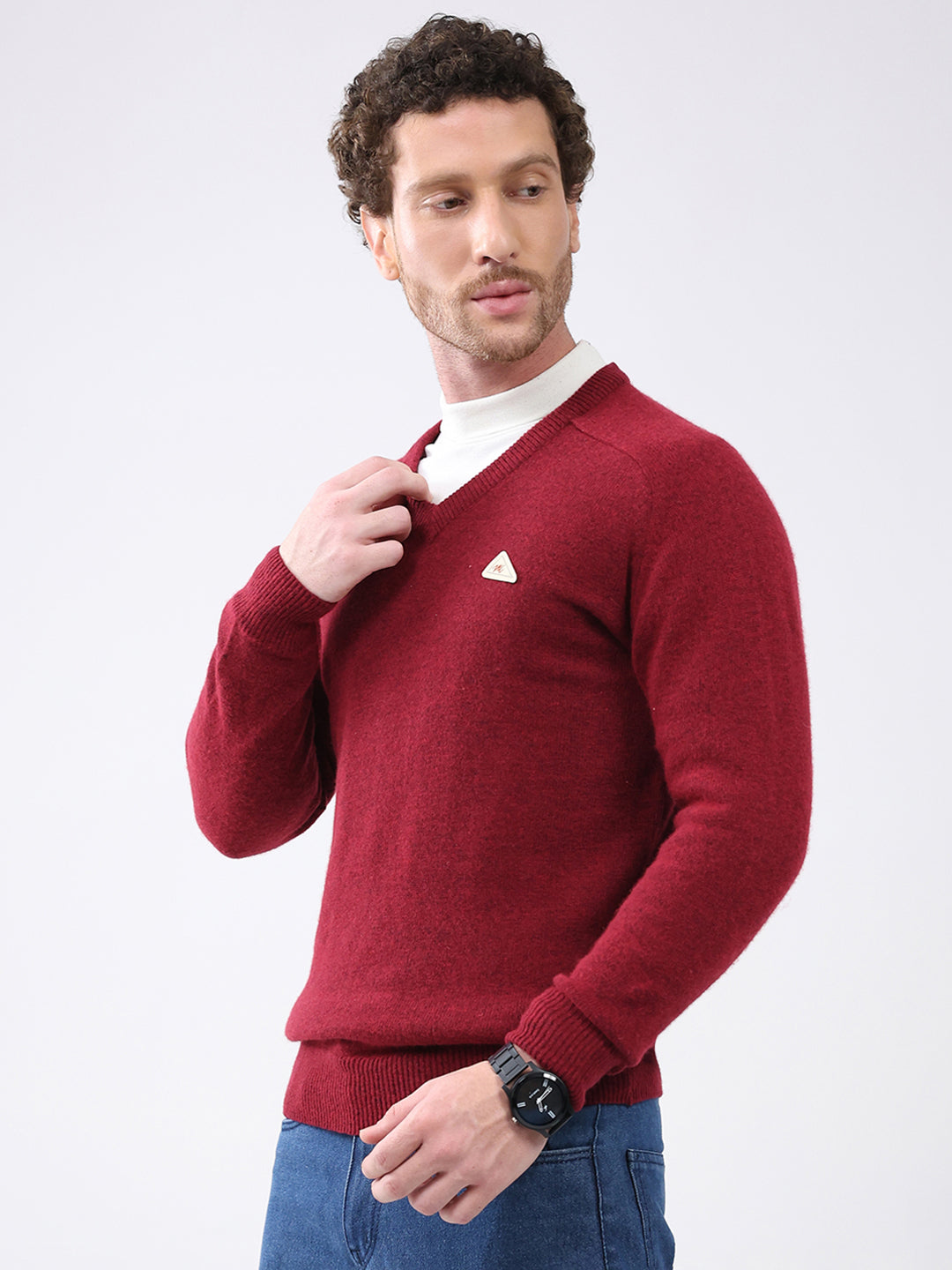Men Maroon Solid V Neck Full Sleeve Pullover
