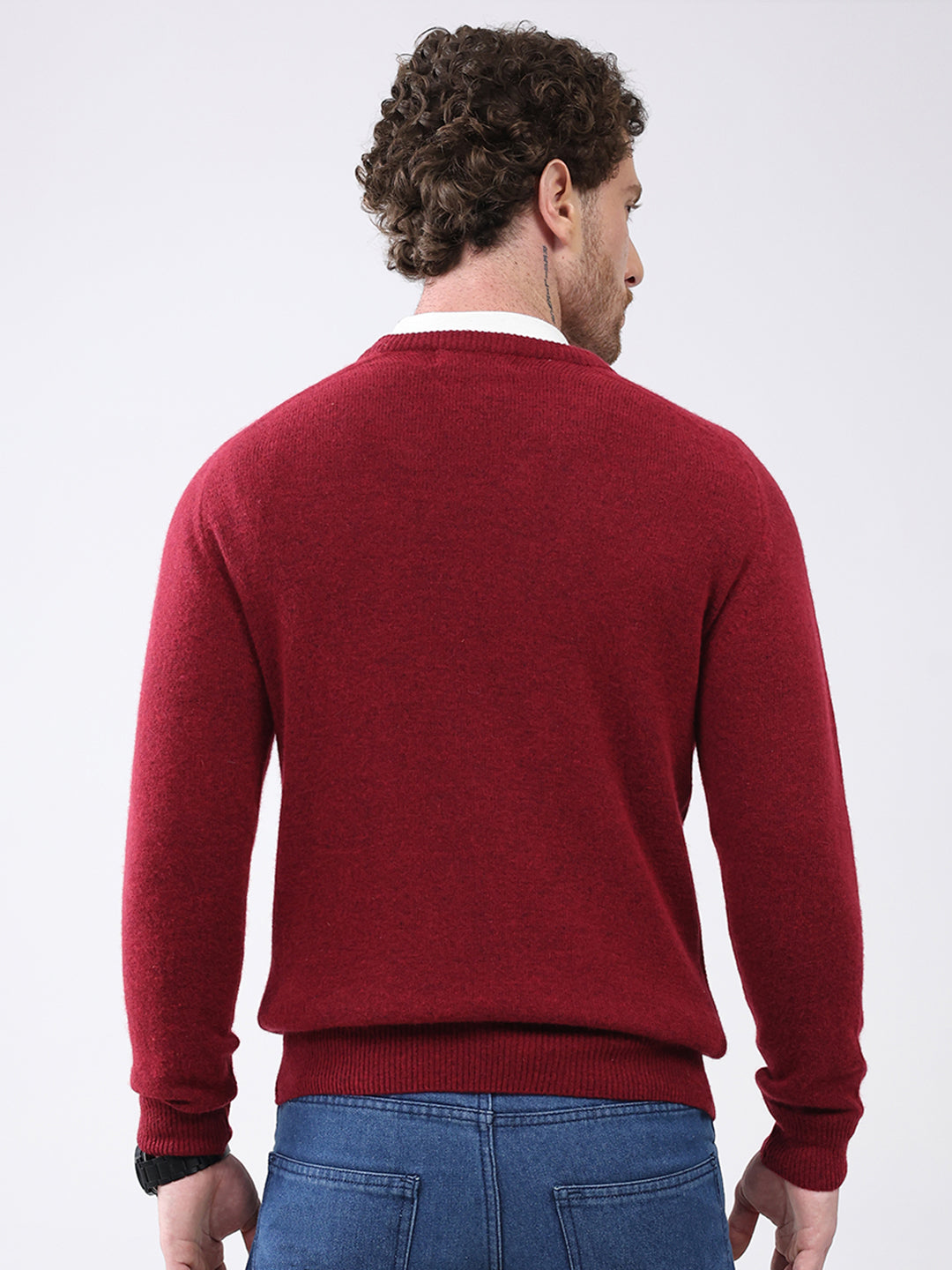 Men Maroon Solid V Neck Full Sleeve Pullover