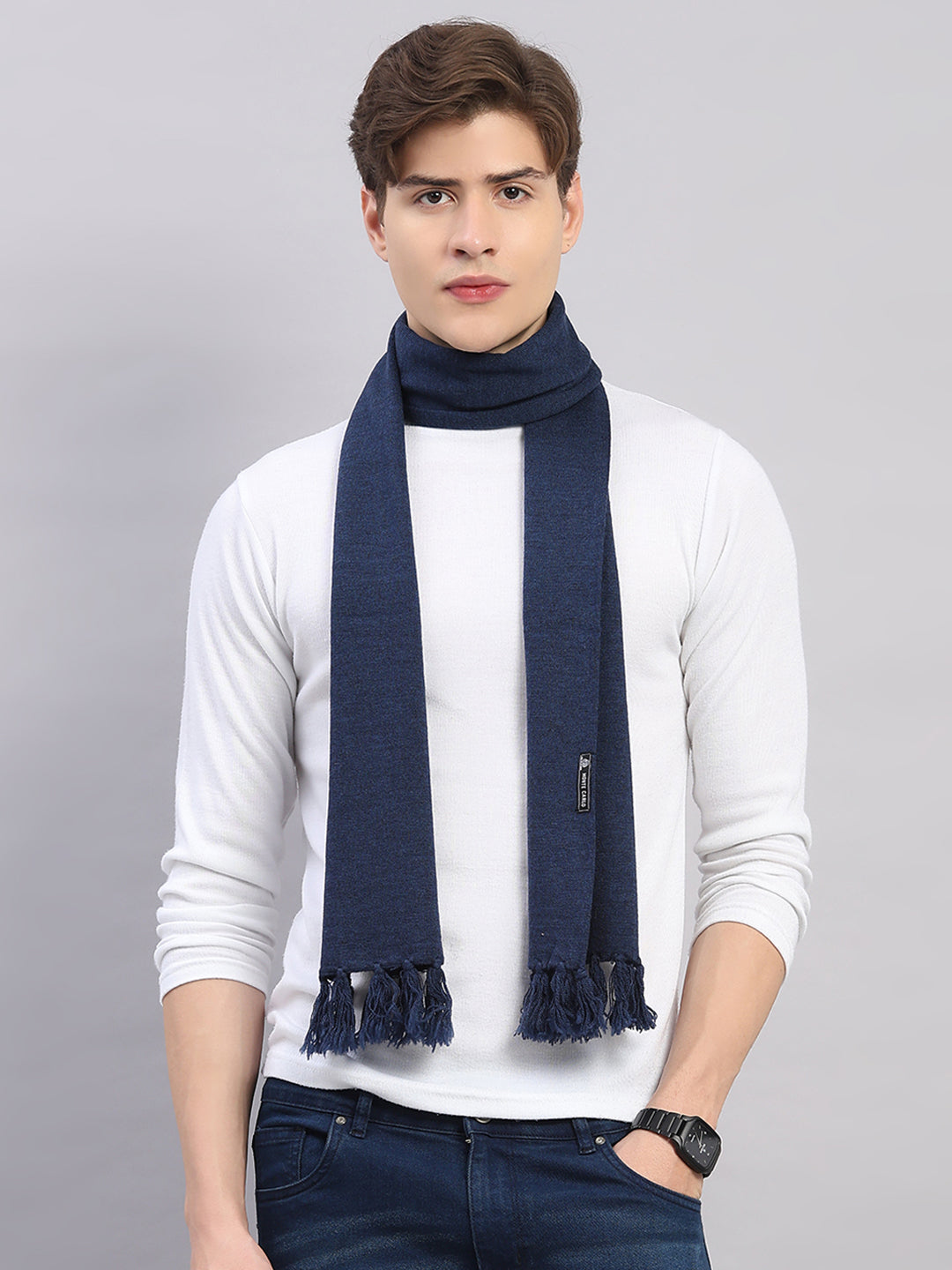 Men Navy Blue Solid Pure Wool Muffler