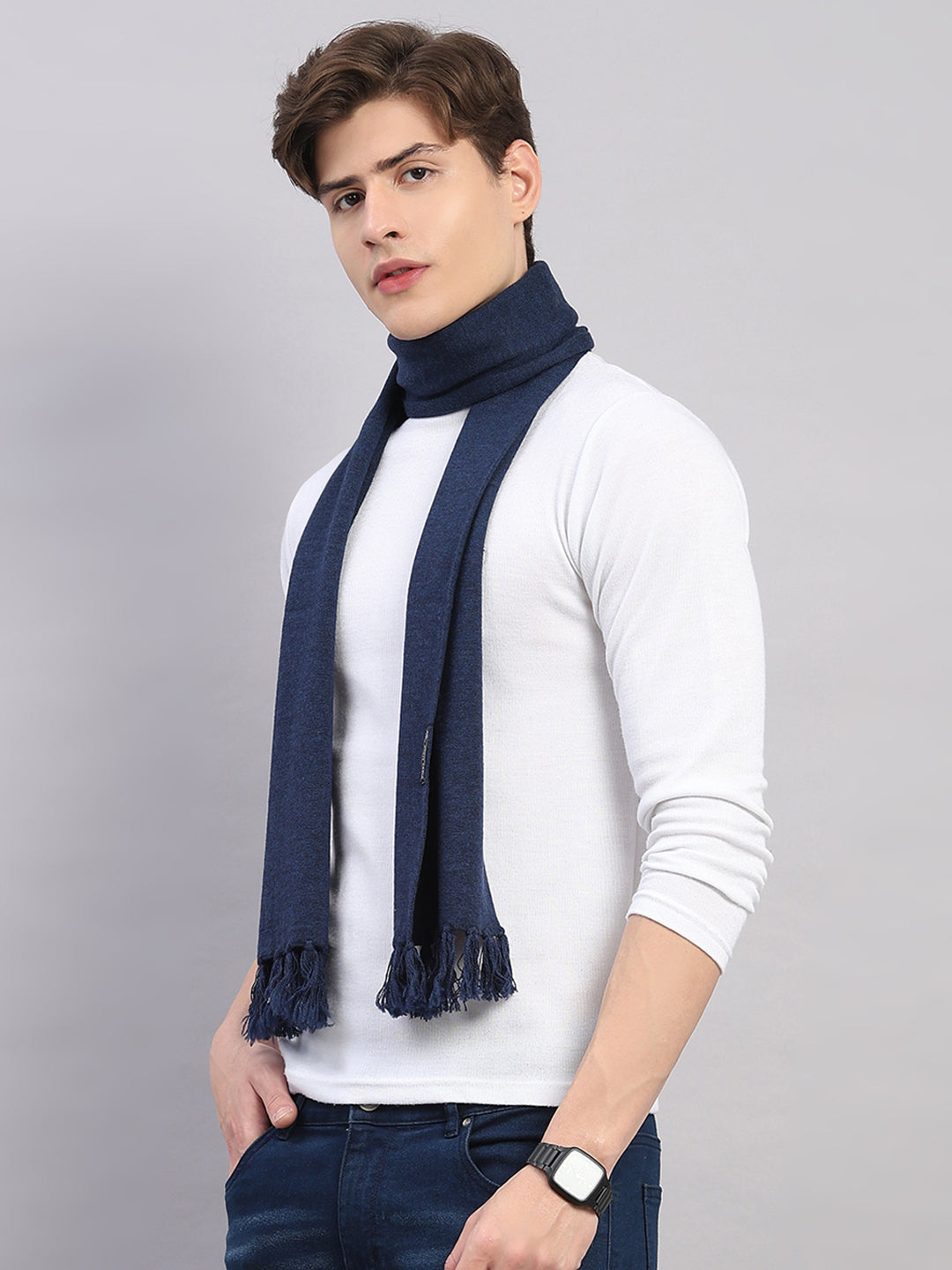 Men Navy Blue Solid Pure Wool Muffler