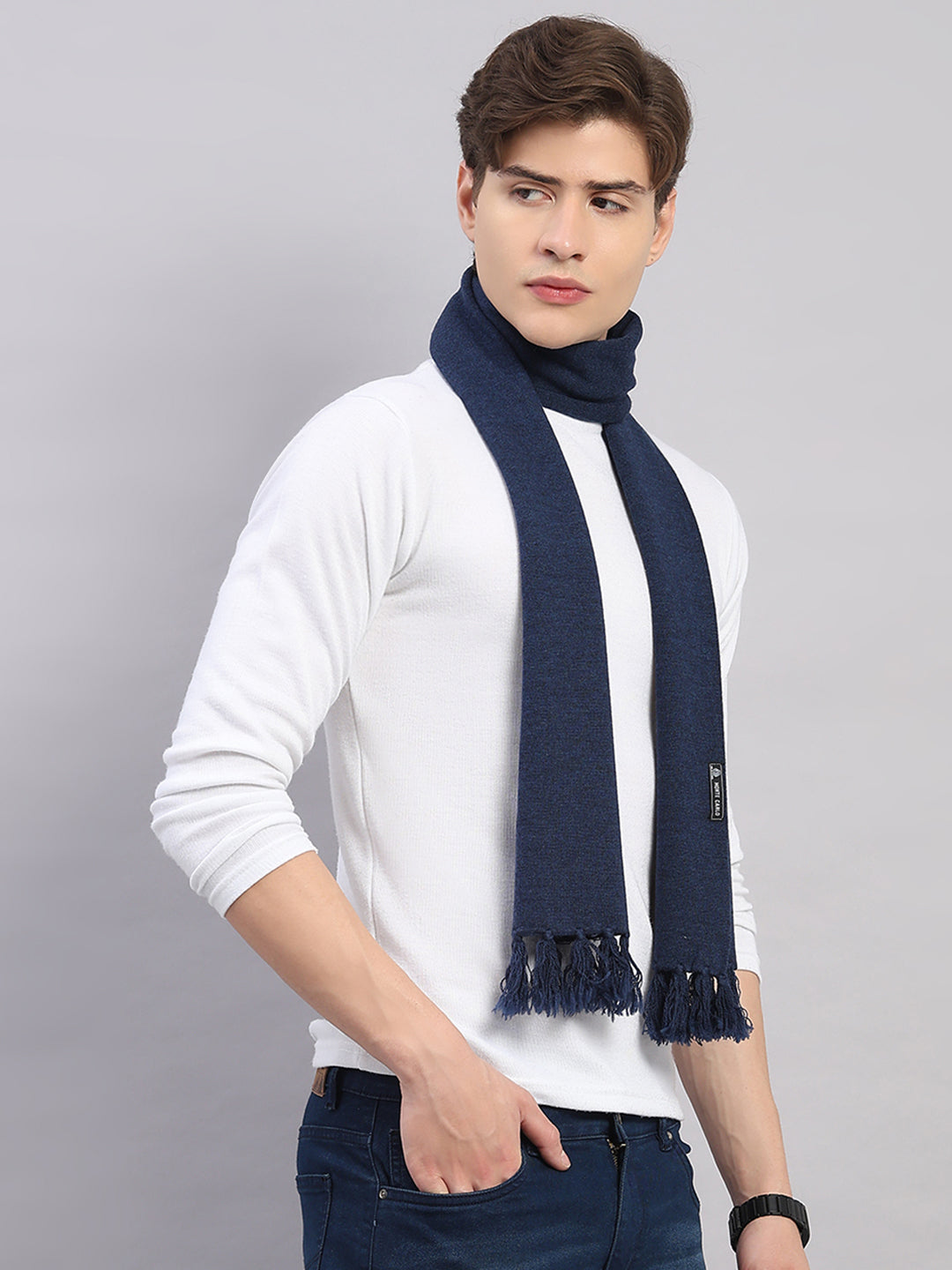 Men Navy Blue Solid Pure Wool Muffler