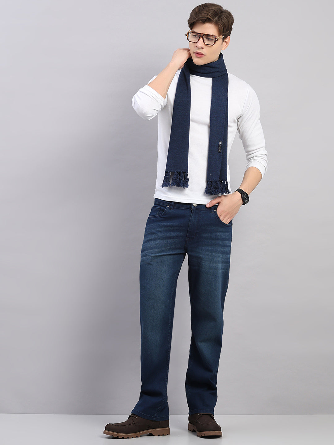 Men Navy Blue Solid Pure Wool Muffler