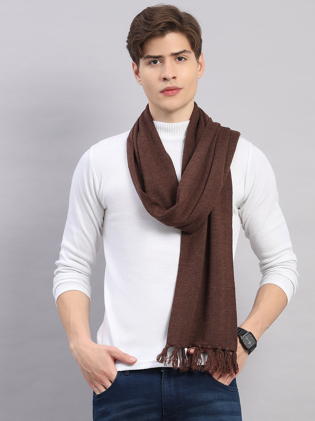 Men Brown Solid Pure Wool Muffler