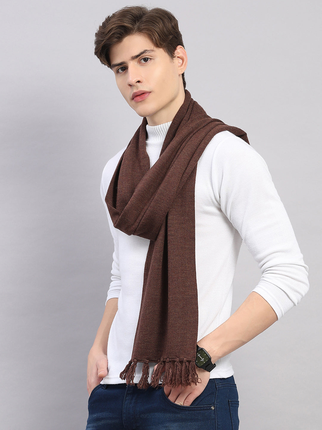 Men Brown Solid Pure Wool Muffler