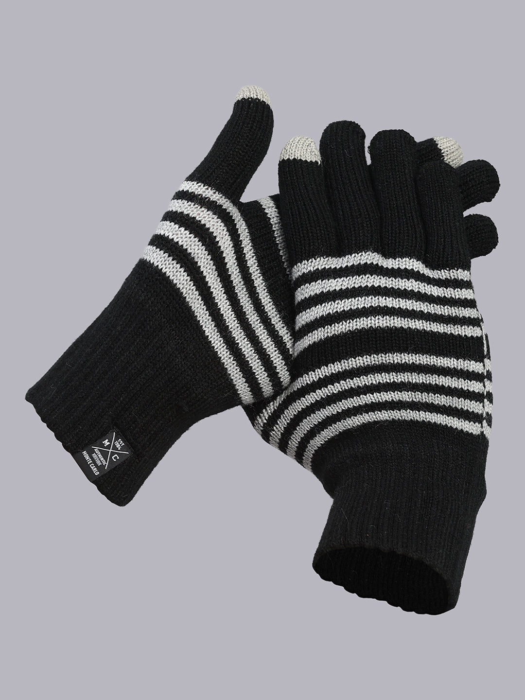 Men Black Stripe Blend Wool Gloves