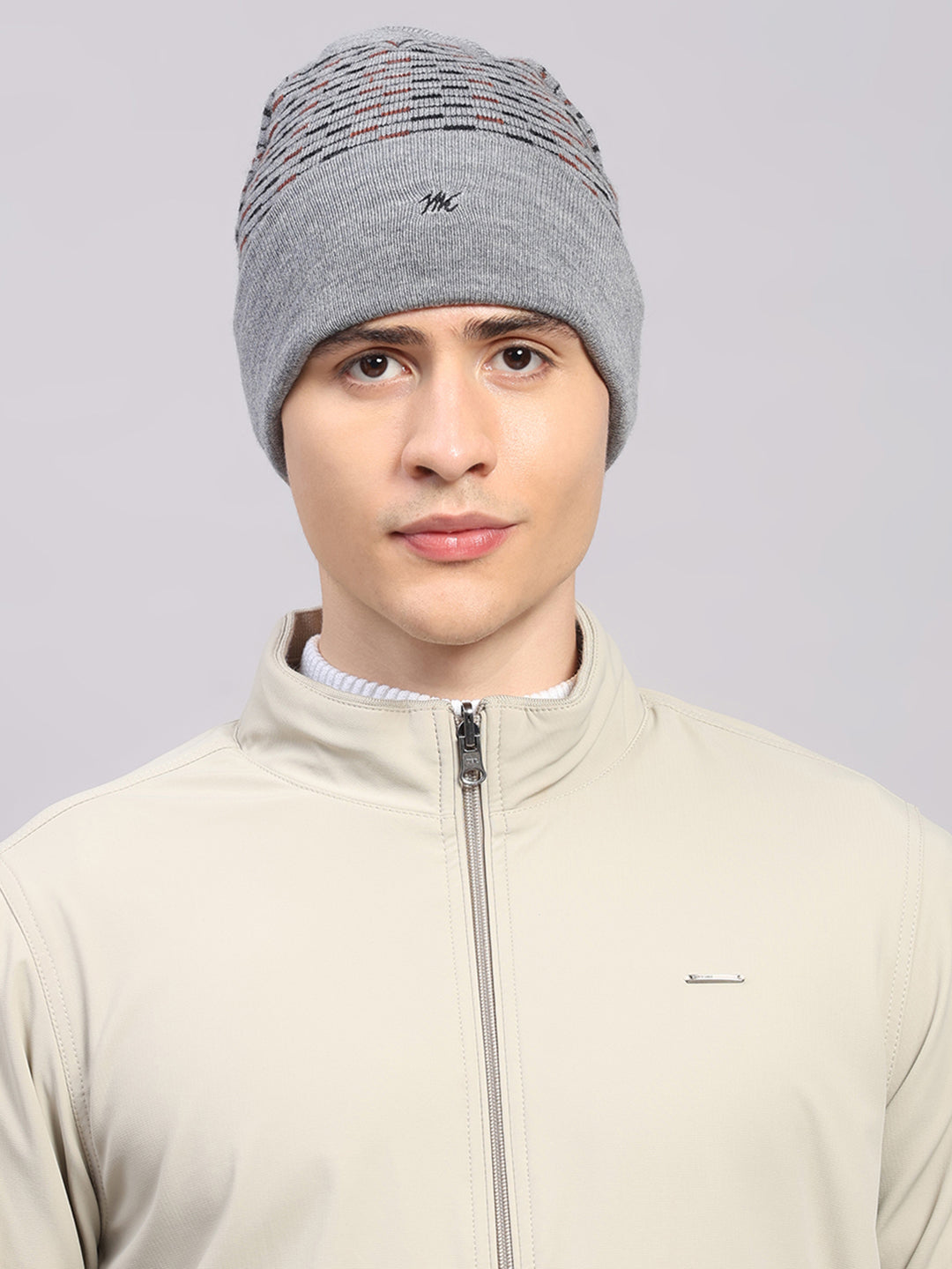Men Grey Printed Pure Wool Cap