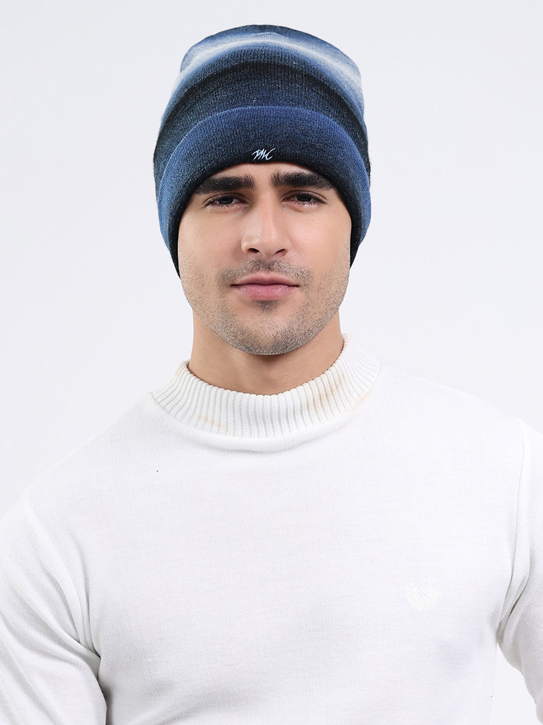 Men Navy Blue Self Design Blend Wool Cap